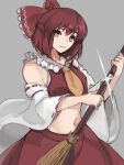  1girl ascot bow broom collar commentary_request cosplay detached_sleeves frilled_bow frilled_collar frills gohei grey_background hair_bow hakurei_reimu hakurei_reimu_(cosplay) highres jonyeld kohaku_(tsukihime) looking_at_viewer midriff navel red_bow red_hair red_skirt ribbon-trimmed_sleeves ribbon_trim sheath skirt smile solo touhou tsukihime unsheathing wide_sleeves yellow_ascot yellow_eyes 