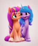  2022 blue_hair digital_media_(artwork) duo earth_pony equid equine female feral green_eyes hair happy hasbro hi_res hooves horn horse izzy_moonbow_(mlp) luminousdazzle mammal mlp_g5 multicolored_hair my_little_pony one_eye_closed orange_body pink_hair pink_hooves pony purple_body purple_eyes purple_hooves simple_background smile sunny_starscout_(mlp) unicorn unicorn_horn white_background 