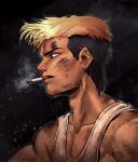  1boy absurdres adam&#039;s_apple artist_name black_background blonde_hair cigarette collarbone dark-skinned_male dark_skin dirty dirty_face english_commentary great_teacher_onizuka highres male_focus multicolored_hair onizuka_eikichi pompadour shellz-art short_hair simple_background smoking solo two-tone_hair upper_body 