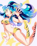  1girl :d absurdres animal_print ass bikini blue_hair constellor highres horns long_hair looking_at_viewer lum oni oni_horns print_bikini print_footwear smile solo strapless strapless_bikini swimsuit tiger_print urusei_yatsura waving yellow_bikini yellow_eyes 