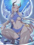  1girl bikini blonde_hair blue_bikini blue_nails breasts character_request groin highres horns kneeling kous_(onetwojustice) long_hair looking_at_viewer nail_polish navel red_eyes romancing_saga saga slingshot_swimsuit solo swimsuit underboob very_long_hair weapon 