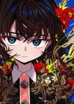  1girl black_shirt blue_background blue_eyes brown_hair closed_mouth earrings elisia_valfelto flower highres jewelry long_hair looking_at_viewer luicent original red_flower shirt solo upper_body 