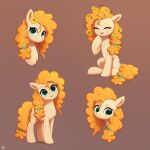  2022 accessory chest_tuft cutie_mark digital_media_(artwork) earth_pony equid equine eyes_closed female feral flower flower_in_hair friendship_is_magic hair hair_accessory happy hasbro hi_res horse luminousdazzle mammal messy_hair my_little_pony orange_body orange_hair orange_tail pear_butter_(mlp) plant pony simple_background smile solo tuft 