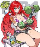  1girl arm_tattoo black_gloves bottle breasts collarbone cup drinking_straw dumbbell exercise fingerless_gloves gloves green_eyes kafun large_breasts long_hair looking_at_viewer red_hair short_shorts shorts solo sweat tattoo thick_thighs thighs twintails v-shaped_eyebrows very_long_hair water_bottle watermark weightlifting 