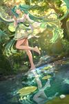  1girl arua bangs barefoot belt blush collared_dress dappled_sunlight day detached_sleeves dress forest green_eyes green_hair hatsune_miku highres holding holding_umbrella lily_pad long_hair long_sleeves nature outdoors pleated_dress pond reflection reflective_water sash scenery sleeveless sleeveless_dress smile solo standing standing_on_one_leg sunlight transparent transparent_umbrella tree twintails umbrella very_long_hair vocaloid water water_drop 