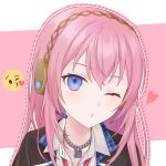  1girl bangs blue_eyes blush chain_necklace collared_shirt emoji head_tilt headphones headset heart highres jacket jewelry leo/need_(project_sekai) lock long_hair looking_at_viewer megurine_luka necklace one_eye_closed parted_lips pink_hair project_sekai shirt solo vocaloid vs0mr 