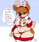  2018 antler_accessory bedroom_eyes bell bell_harness blush breasts brown_body brown_fur canid canine canis christmas clothing costume crotch_tuft domestic_dog exposed_breasts female fur gesture harness hi_res holidays inner_ear_fluff jingle_bell jingle_bell_harness legwear lilberry mammal narrowed_eyes nipples olive_(olive_the_other_reindeer) pointing pointing_at_self pulling_underwear reindeer_costume santa_costume seductive simple_background solo speech_bubble stockings tail_motion tailwag thick_thighs thong tongue tongue_out tuft underwear wide_hips 