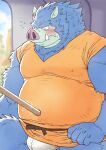  2022 anthro belly blue_body blue_fur blush clothing detailed_background dragon_quest fur hi_res humanoid_hands kemono male mammal orc_(dragon_quest) orc_king_(dragon_quest) overweight overweight_male ryuta-h solo square_enix suid suina sus_(pig) underwear video_games white_clothing white_underwear wild_boar 