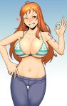  1girl absurdres ahoge bikini bikini_top_only blue_background blue_pants blush breasts dyun gradient gradient_background green_bikini grin hand_on_hip hand_up heart highres large_breasts looking_at_viewer nami_(one_piece) navel ok_sign one_eye_closed one_piece orange_eyes orange_hair pants smile solo swimsuit textless_version thigh_gap veins veiny_breasts 