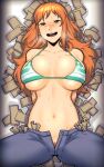  1girl :d absurdres bikini bikini_top_only blue_pants breasts dyun female_pubic_hair green_bikini highres large_breasts long_hair looking_at_viewer lying nami_(one_piece) navel on_back one_piece open_mouth open_pants orange_eyes orange_hair pants pubic_hair skindentation smile solo sweat swimsuit 