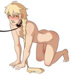  aether_(genshin_impact) all_fours bite biting_lip blonde_hair blush braided_hair collar ear_piercing ear_ring embarrassed erroremma genitals genshin_impact hair hi_res human kneeling leash leash_and_collar long_hair male mammal mihoyo nipples penis petplay piercing ring_piercing roleplay solo traveler video_games yellow_eyes 