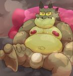 2022 amphibia_(series) amphibian anthro barrel_the_brave belly big_belly bodily_fluids bulge disney feet frog green_body haxsmack hi_res male moobs musk nipples overweight overweight_male sitting solo sweat 