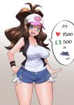  1girl :d absurdres achromaru bangs baseball_cap blue_eyes breasts brown_hair cleavage curly_hair denim denim_shorts hat high_ponytail highres hilda_(pokemon) large_breasts long_hair looking_at_viewer meme open_mouth pokemon pokemon_(game) pokemon_bw ponytail short_shorts shorts sidelocks smile solo speech_bubble teeth tongue twitter_strip_game_(meme) upper_teeth 