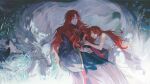  2girls agong blue_robe closed_eyes dire_wolf dress elden_ring flower grass highres long_hair lying malenia_blade_of_miquella multiple_girls on_back ranni_the_witch red_hair robe siblings sisters sleeping wavy_hair white_dress wolf 