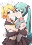  2girls :&lt; bangs blue_eyes blue_hair blush bow cheek-to-cheek collared_shirt commentary detached_sleeves hair_bow hair_ornament hairband hairclip hatsune_miku heads_together highres hug kagamine_rin long_hair long_sleeves looking_at_viewer multiple_girls nail_polish neckerchief necktie own_hands_together parted_bangs pleated_skirt puckered_lips sailor_collar shirt short_hair short_shorts shorts skirt sleeveless sleeveless_shirt twintails very_long_hair vocaloid yakkl 