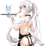 1girl apron ass bangs bare_shoulders bendy_straw black_apron blue_eyes blush brown_eyes closed_mouth cup drinking_glass drinking_straw from_behind gloves hair_between_eyes hand_up heterochromia highres holding holding_tray kagura_gumi kagura_mea long_hair naked_apron nose_blush ponytail sidelocks simple_background solo sweat tray very_long_hair virtual_youtuber white_background white_gloves white_hair xuu_shi_times 