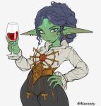  1girl alcohol amelia_(roxxxan) black_pants blouse blue_nails blush closed_mouth colored_skin cowboy_shot cup drinking_glass earrings female_goblin fewer_digits fingernails goblin green_skin heterochromia holding holding_cup jewelry long_pointy_ears long_sleeves looking_at_viewer nail_polish narrow_waist original pants pointy_ears purple_eyes purple_hair roxxxan shirt simple_background solo white_background white_shirt wine wine_glass yellow_eyes 
