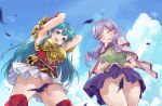  2girls :d absurdres aqua_hair armor armpits arms_up ass_visible_through_thighs blue_eyes blue_sky blush breastplate cape closed_eyes cloud cloudy_sky commission convenient_censoring eirika_(fire_emblem) falling_leaves fire_emblem fire_emblem:_path_of_radiance fire_emblem:_the_sacred_stones from_below gloves green_shirt hair_ribbon highres ilyana_(fire_emblem) leaf long_hair looking_down low_twintails miniskirt multiple_girls no_panties open_mouth pixiv_commission purple_hair purple_skirt red_gloves red_shirt ribbon ru_roiroiro shirt skirt sky smile teeth twintails upper_teeth upskirt very_long_hair white_skirt wind wind_lift 