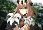  1girl arknights blonde_hair blue_sealad commentary flower green_eyes horns long_hair reed_(arknights) reed_the_flame_shadow_(arknights) solo upper_body very_long_hair white_flower 