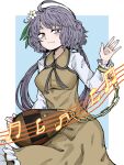  1girl beamed_eighth_notes beamed_sixteenth_notes biwa_lute blush brown_dress chain closed_mouth dress eighth_note fe_(tetsu) flower frilled_dress frills hair_flower hair_ornament highres instrument long_hair long_sleeves lute_(instrument) musical_note purple_eyes purple_hair sixteenth_note smile solo touhou tsukumo_benben upper_body white_flower 