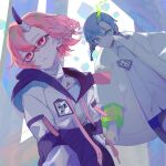  2girls bandaid bandaid_on_neck blue_hair braid closed_mouth copyright_request glasses green_eyes highres hood hood_down horns id_card jacket medium_hair multiple_girls open_clothes open_jacket pink_hair red_eyes single_horn sion001250 twin_braids white_jacket 
