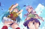 2girls :o absurdres aqua_hair armor armpits arms_up ass_visible_through_thighs blue_eyes blue_sky blush breastplate cape cloud cloudy_sky commission convenient_censoring eirika_(fire_emblem) falling_leaves fire_emblem fire_emblem:_path_of_radiance fire_emblem:_the_sacred_stones from_below full-face_blush gloves green_shirt hair_ribbon highres ilyana_(fire_emblem) leaf long_hair looking_down low_twintails miniskirt multiple_girls no_panties pixiv_commission purple_eyes purple_hair purple_skirt red_gloves red_shirt ribbon ru_roiroiro shirt skirt sky teeth twintails upskirt very_long_hair wavy_mouth white_skirt wind wind_lift 