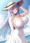  1girl :d arm_behind_back bangs bare_arms bare_shoulders blue_sky blush breasts cleavage cloud collarbone commentary_request commission cowboy_shot day dress hat highres keenh large_breasts long_hair looking_at_viewer original purple_eyes purple_hair sky sleeveless sleeveless_dress smile solo standing sun_hat very_long_hair water white_dress 