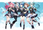  5girls :d ankle_boots beret black_footwear black_headwear black_jacket black_necktie black_pants blue_eyes blue_hair boots brown_hair closed_mouth corset epaulettes floating floating_hair grey_eyes grey_skirt grin hanasato_minori hat hatsune_miku high_heel_boots high_heels highres hinomori_shizuku jacket kiritani_haruka locked_arms long_hair looking_at_viewer medium_hair miniskirt mole mole_under_mouth momoi_airi more_more_jump!_(project_sekai) multiple_girls necktie official_art pants pink_hair project_sekai red_eyes shirt short_hair shorts shorts_under_skirt skirt smile socks sogawa thigh_strap twintails very_long_hair white_shirt white_skirt white_socks wristband 