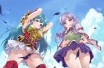  1girl 2girls absurdres aqua_hair armor armpits arms_up ass_visible_through_thighs blue_eyes blue_sky blush breastplate cape cloud cloudy_sky commission convenient_censoring eirika_(fire_emblem) falling_leaves fire_emblem fire_emblem:_path_of_radiance fire_emblem:_the_sacred_stones from_below gloves green_shirt hair_ribbon highres ilyana_(fire_emblem) leaf long_hair looking_down low_twintails miniskirt multiple_girls pixiv_commission purple_eyes purple_hair purple_skirt red_gloves red_shirt ribbon ru_roiroiro shirt skirt sky twintails upskirt very_long_hair wavy_mouth white_skirt wind wind_lift 