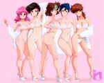  1980s_(style) 5girls arm_around_waist artist_name ass black_hair blue_hair bra breasts brown_eyes brown_hair bubblegum_crisis cleavage collarbone commission english_commentary full_body green_eyes green_hair hairband hand_on_another&#039;s_hip hands_on_own_back high_heels linna_yamazaki looking_at_viewer looking_to_the_side medium_breasts medium_hair multicolored_hair multiple_girls navel nene_romanova off_shoulder panties parted_lips photo-referenced pink_background pink_hair pink_hairband priscilla_asagiri reika_chang retro_artstyle saotome_nanda short_hair smile streaked_hair sweater sylia_stingray underwear watermark white_bra white_footwear white_panties white_sweater 