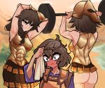  3girls arm_over_head armor arms_up ass bare_arms bare_shoulders blue_shirt blurry blurry_background braid breasts brown_hair brown_skirt centurii-chan_(artist) character_request covered_abs exercise from_behind hair_between_eyes highres holding holding_towel large_breasts long_hair medium_hair multiple_girls muscular muscular_female original pleated_skirt shirt skirt sweat towel training wavy_mouth weightlifting 
