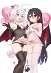  2girls artist_name babydoll babydoll_lift balloon black_babydoll black_gloves black_hair black_panties black_thighhighs blue_eyes blush breasts cleavage cowboy_shot dated demon_girl demon_horns demon_tail demon_wings earrings elbow_gloves english_text fang frilled_gloves frilled_panties frilled_thighhighs frills gloves heart heart_balloon highres horns intertwined_tails jewelry lifted_by_self long_hair mixed-language_commentary multiple_girls navel navel_piercing open_mouth original panties piercing pink_babydoll pink_panties pubic_tattoo red_eyes short_hair small_breasts smile standing stomach tail tattoo thighhighs underwear v very_long_hair white_gloves white_hair white_thighhighs wings xiao_shi_lullaby 