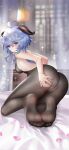  1girl ahoge ass back backless_outfit bangs bed black_pantyhose blue_hair bodystocking bodysuit breasts crotch_seam curtains feet from_behind ganyu_(genshin_impact) genshin_impact highres horns kamue kneeling legs long_hair looking_at_viewer looking_back medium_breasts no_shoes panties panties_under_pantyhose pantyhose purple_eyes sidelocks soles solo toes underwear white_panties 