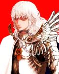  1boy androgynous armor berserk blue_eyes cape griffith_(berserk) looking_to_the_side nisino2222 red_background shoulder_armor solo wavy_hair white_cape white_hair 