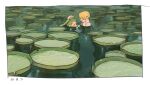  2boys absurdres afloat blonde_hair blush bubble couple curly_eyebrows facial_hair flustered from_side goatee green_hair hair_over_one_eye highres lake lily_pad male_focus multiple_boys no.6_(numberr_6) one_piece roronoa_zoro sanji_(one_piece) short_hair topless_male wet wet_hair yaoi 