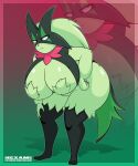  absurd_res anthro big_breasts breasts female fur generation_9_pokemon green_body green_fur hand_on_hip hexami hi_res huge_breasts meowscarada nintendo pokemon pokemon_(species) solo thick_thighs video_games 