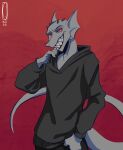  2022 absurd_res albino anthro clothing contrast fan_character gills hi_res hoodie horn lizard lizard_tail male qiwery red_background red_eyes reptile scalie simple_background slim sly smile solo space_station_13 topwear unathi zink_shan 