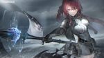  1girl artist_request bangs cloud cloudy_sky dress hair_ribbon highres holding holding_polearm holding_weapon long_hair mole mole_under_eye ocean official_art polearm ponytail punishing:_gray_raven red_eyes red_hair ribbon sky smile vera_(punishing:_gray_raven) weapon 