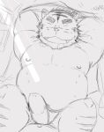  2022 anthro belly clothed clothing erection erection_under_clothing eyes_closed felid kemono lying male mammal moobs nipples overweight overweight_male pantherine tiger underwear yajyu 