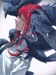  1girl 2_blankk animal_on_shoulder bangs bird bird_on_shoulder black_necktie braid braided_ponytail chainsaw_man closed_eyes collared_shirt crow facing_to_the_side highres looking_at_viewer makima_(chainsaw_man) medium_hair necktie red_hair ringed_eyes shirt sidelocks simple_background solo_focus white_background white_shirt 