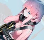  1girl bangs blue_eyes bocchi_the_rock! breasts closed_mouth commentary dutch_angle electric_guitar english_commentary gibson_les_paul gotou_hitori guitar hair_between_eyes hair_over_eyes headphones headphones_around_neck holding holding_headphones holding_instrument instrument jacket light_blush long_hair long_sleeves looking_at_viewer pink_hair pink_jacket pro-p simple_background small_breasts solo standing track_jacket upper_body 