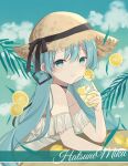  1girl absurdres arm_on_table blue_eyes blue_hair character_name choker cup drink elbow_rest food fruit hat hat_ribbon hatsune_miku highres holding holding_cup holding_drink lemon lemon_slice lemonade long_hair low_twintails off-shoulder_shirt off_shoulder plant ribbon shirt sky smile solo straw_hat sun_hat twintails very_long_hair vocaloid yomiya_yumeha 