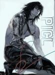  1boy black_footwear black_hair black_pants chest_harness closed_mouth harness highres looking_at_viewer male_focus mechanical_arms original pants pigeon666 shoes single_mechanical_arm solo squatting topless_male 