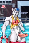  abs absurd_res anthro balls bareback bulge canid canine canis clothing erection fur genitals hi_res lifeguard male mammal messy midnight_blue muscular muscular_anthro muscular_male nipples nude penis poolside pose simple_background solo underwear uniform wet wet_body wet_clothing wolf 