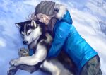  ambiguous_gender blonde_hair bottomwear canid canine canis clothed clothing domestic_dog duo eyes_closed female feral gloves hair handwear hat headgear headwear human husky jacket mammal nordic_sled_dog pants razurichan sleeping snow spitz spooning topwear 