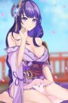  1girl :t absurdres bangs bare_legs bare_shoulders barefoot blue_sky blurry blurry_background breasts cleavage commentary_request day fox genshin_impact hair_ornament hand_up highres japanese_clothes kimono large_breasts long_hair obi off_shoulder purple_eyes purple_hair purple_kimono raiden_shogun railing ritou08 sash sitting sky thighs very_long_hair wariza yae_miko yae_miko_(fox) 