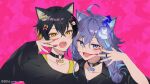  2boys alternate_costume animal_(vocaloid) animal_ears antenna_hair bangs black_collar black_hair black_nails black_shirt blonde_hair blue_eyes blue_hair bow cat_boy cat_ears cat_hair_ornament choker collar copyright crossed_bangs earrings facial_mark fangs girly_boy hair_between_eyes hair_bow hair_bun hair_ornament hand_on_own_face heart heart_choker heart_o-ring heart_ring_choker highres hitodama holostars jewelry kemonomimi_mode kotatsu_(yatogami_fuma) long_hair looking_at_viewer low-tied_long_hair male_focus minase_rio momoshiki_tsubaki multicolored_hair multicolored_nails multiple_boys multiple_rings nail_art off_shoulder official_art open_hand open_mouth paw_hair_ornament pink_background pink_nails purple_hair purple_shirt ring shirt short_hair sleeves_past_wrists streaked_hair tank_top teeth two-tone_hair undershirt upper_body virtual_youtuber w yatogami_fuma yellow_eyes yellow_tank_top 