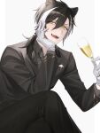  1boy :d absurdres alcohol animal_ears black_hair black_jacket black_pants bow champagne champagne_flute chap_yun collared_shirt crossed_legs cup drinking_glass fangs feet_out_of_frame gloves grey_shirt hair_between_eyes hair_bow hair_ornament hair_over_shoulder hairclip hand_on_own_face head_rest highres holding holding_cup holostars jackal_boy jackal_ears jacket kageyama_shien long_hair low_ponytail male_focus multicolored_hair official_alternate_costume open_collar pants pocket_square purple_bow shirt simple_background sitting smile solo teeth two-tone_hair virtual_youtuber white_background white_gloves white_hair yellow_eyes 