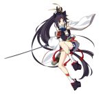  1girl armor bangs black_hair blue_eyes blue_gloves bodysuit breasts detached_sleeves fate/grand_order fate_(series) feather_hair_ornament feathers full_body gloves hair_bun hair_ornament hat holding holding_sword holding_weapon japanese_armor long_hair medium_breasts melty_blood:_type_lumina official_alternate_costume official_art open_mouth parted_bangs side_ponytail sidelocks solo sword takeuchi_takashi tate_eboshi ushiwakamaru_(fate) ushiwakamaru_(tour_outfit)_(fate) very_long_hair weapon white_sleeves 
