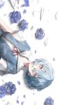  1girl absurdres ayanami_rei blue_dress blue_flower blue_hair blue_rose dress flower highres looking_at_viewer lying neck_ribbon neon_genesis_evangelion on_back parted_lips pink_eyes red_ribbon ribbon rose rsef shirt short_hair short_sleeves solo upper_body white_shirt 